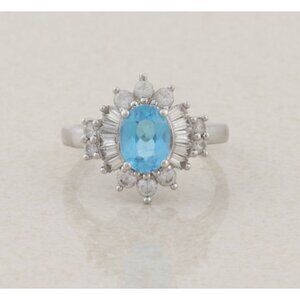 Sterling Silver Natural Blue Topaz and White Topaz Ring Ballerina Ring Size 7
